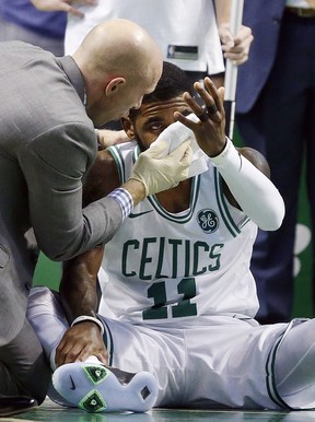 Celtics’ Kyrie Irving suffered a minor facial fracture in Friday’s game against the Hornets. The guard will not be in the Celtics’ lineup this afternoon against the Raptors. (AP)