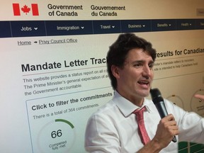 The Canada.ca/Results commitment tracker website is seen on its November 14, 2017 launch day with Prime Minister Justin Trudeau superimposed over top while speaking in Ho Chi Minh, Vietnam on November 9, 2017.