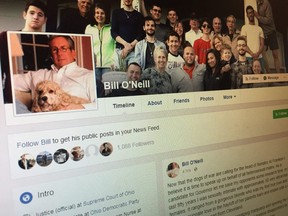 The Facebook page of Ohio Supreme Court Justice and candidate for governor William O'Neill is photographed on November 17, 2017 following a post detailing his sexual past.