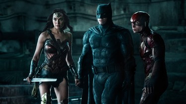 Gal Gadot as Wonder Woman, Ben Affleck as Batman and Ezra Miller as the Flash in "Justice League." Warner Bros. Pictures