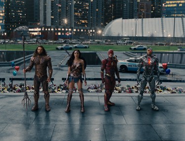 (L-r) JASON MOMOA as Aquaman, GAL GADOT as Wonder Woman, EZRA MILLER as The Flash and RAY FISHER as Cyborg in Warner Bros. Pictures' action adventure "JUSTICE LEAGUE," a Warner Bros. Pictures release.