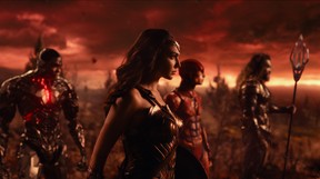 (L-R) RAY FISHER as Cyborg, GAL GADOT as Wonder Woman, EZRA MILLER as The Flash and JASON MOMOA as Aquaman in Warner Bros. Pictures' action adventure
