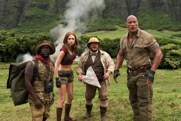 (l to r) Kevin Hart (Franklin "Moose" Finbar),  Karen Gillan (Ruby Roundhouse) Jack Black (Professor Shelly Oberon) and  Dwayne Johnson (Dr. Smolder Bravestone) star in JUMANJI: WELCOME TO THE JUNGLE.