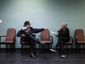 Broken Social Scene's Kevin Drew, left, and Billy Talent frontman Ben Kowalewicz rehearse their play "A&R Angels" in Toronto on Tuesday, November 7, 2017. THE CANADIAN PRESS/Nathan Denette