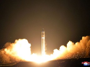 This Wednesday, Nov. 29, 2017, image provided by the North Korean government on Thursday, Nov. 30, 2017, shows what the North Korean government calls the Hwasong-15 intercontinental ballistic missile, at an undisclosed location in North Korea. Independent journalists were not given access to cover the event depicted in this image distributed by the North Korean government. The content of this image is as provided and cannot be independently verified. Korean language watermark on image as provided by source reads: "KCNA" which is the abbreviation for Korean Central News Agency. (Korean Central News Agency/Korea News Service via AP)