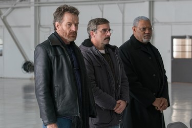 From L to R: Bryan Cranston as "Sal," Steve Carrell as "Doc," and Laurence Fishburne as "Mueller" in LAST FLAG FLYING. Photo by Wilson Webb.