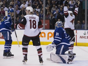 Arizona Coyotes celebrate a goal on the Toronto Maple Leafs at the Air Canada Centre on Nov. 20, 2017