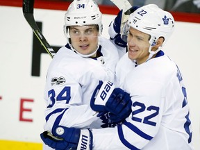 Toronto Maple Leafs' Nikita Zaitsev, right, celebrates his goal with  Auston Matthews on Nov. 28, 2017