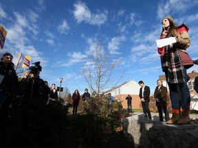 Lindsay Shepherd speaks during a rally in support of freedom of expression at Wilfrid Laurier University in Waterloo on Friday November 24, 2017.