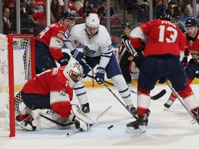 Panthers goaltender Roberto Luongo makes one of his 41 saves against the Maple Leafs on Wednesday night in Sunrise, Fla.