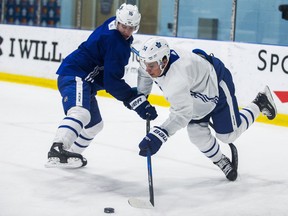 Auston Matthews, right, and Mitch Marner during Maple Leafs practice on Nov. 21, 2017