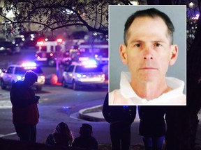 People watch police activity at the scene of a shooting inside Walmart, Wednesday, Nov. 1, 2017, in Thornton, Colo. Thornton police tweeted Wednesday night that they were responding to a shooting with "multiple parties down." They advised people to stay away from the area as dozens of police cruisers and emergency vehicles raced to the scene. (Helen H. Richardson/The Denver Post via AP)