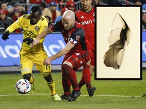 Toronto FC Michael Bradley M (4) defends against Columbus Crew Kekuta Manneh F (19) in the second half before defeating the Columbus Crew 1-0 to win the Eastern Final advancing to the MLS Cup  in Toronto, Ont. on Wednesday November 29, 2017. Jack Boland/Toronto Sun/Postmedia Network
