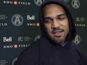 Argonauts' Marcus Ball meets with the media after practicing with the rest of the team in Toronto on Friday, Nov. 10, 2017. (Stan Behal/Toronto Sun)