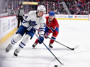 Maple Leafs centre Auston Matthews carries the puck in Montreal on Saturday. Matthews had two goals in Toronto's 6-0 win. (Minas Panagiotakis/Getty Images)