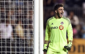 Toronto FC's goalkeeper Alex Bono celebrates at the end pf an MLS soccer match against the Philadelphia Union, Saturday, Aug. 20, 2016, in Chester, Pa. (AP Photo/Michael Perez)