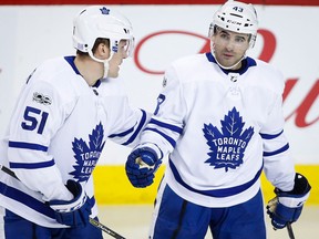 Toronto Maple Leafs' Nazem Kadri, right, celebrates his goal with teammate Jake Gardiner on Nov. 28, 2017