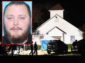 Law enforcement officials continue their investigation at Sutherland Springs Baptist Church during the early morning hours of November 6, 2017 in Sutherland Springs, Texas. Devin Patrick Kelly killed 26 people at the church and wounded many more when he opened fire during a Sunday service.  (Photo by Scott Olson/Getty Images)