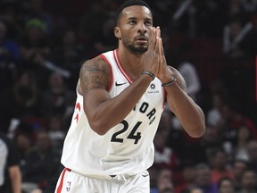 Raptors guard Norman Powell reacts after hitting a shot during the third quarter of an NBA game against the Trail Blazers in Portland, Ore., on Monday, Oct. 30, 2017. (Steve Dykes/AP Photo)