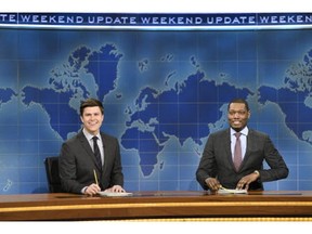 Pictured: (l-r) Colin Jost and Michael Che during Weekend Update on March 4, 2017 -- (Photo by: Will Heath/NBC)