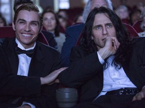 This image released by A24 shows Dave Franco, left, and James Franco in a scene from "The Disaster Artist." (Justina Mintz/A24 via AP)