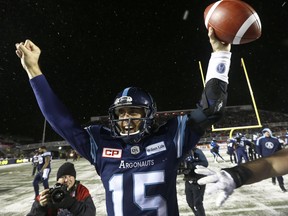 Argos quarterback Ricky Ray celebrates the Grey Cup win in Ottawa Sunday.  Tony Caldwell