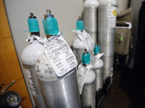 Oxygen tanks for an NICUs oxygen machine.