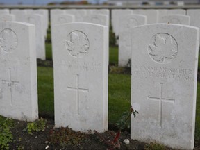 Many of the Canadian soldiers killed in Flanders Fields during the First World War have never been identified and lie in unmarked graves such as the ones seen here in the Passchendaele New British Cemetery.
