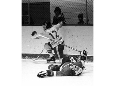 PEAKE ARCHIVES: A high school hockey player broke his leg in a game at York Memorial Arena in the 1970s.
