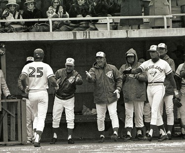 PEAKE ARCHIVES: 1977 Doug Ault gets congratulated for hitting the first run in the history of the Toronto Blue Jays on April 7, 1977.