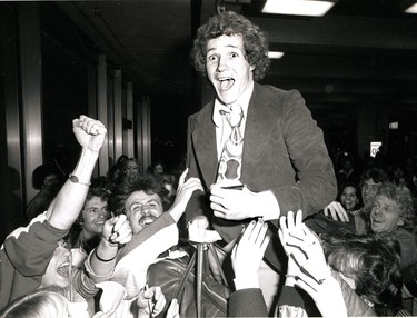 Toronto Maple Leafs captain Darryl Sittler gets hoisted by the fans at Toronto airport following the Leafs win over the NY Islanders in April 1978.