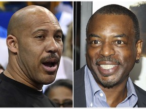 This combination photo shows LaVar Ball, father of UCLA basketball player LiAngelo Ball, left, one of three student players recently arrested in China for shoplifting, and actor LeVar Burton, who is being mistaken for Ball by some supporters of U.S. President Donald Trump.   (AP Photo/File)