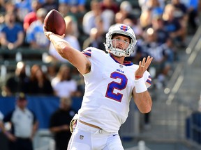 Buffalo Bills quarterback Nathan Peterman throws a pass during the second quarter of the game against the Los Angeles Chargers at the StubHub Center on Nov. 19, 2017 in Carson, Calif. (Harry How/Getty Images)