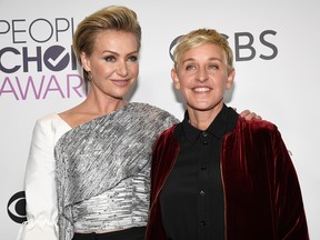 Ellen Degeneres, winner of multiple awards (R) and actress Portia De Rossi pose in the press room during the People's Choice Awards 2017 at Microsoft Theater on January 18, 2017 in Los Angeles, California. (Photo by Kevork Djansezian/Getty Images)