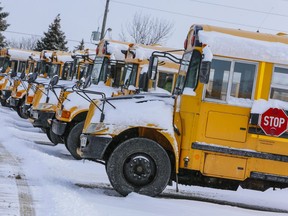School buses sit idle.