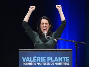 Valerie Plante speaks to supporters after being elected mayor of Montreal on election night during the municipal election in Montreal, Sunday, November 5, 2017. THE CANADIAN PRESS/Graham Hughes
