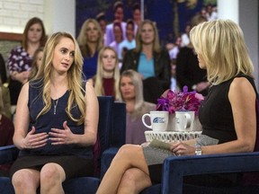 In this photo provided by NBC News' Megyn Kelly TODAY, Rachel Jeffs (left), daughter of Utah polygamist Warren Jeffs, talks with Megyn Kelly (right) during an interview in New York, Friday, Nov. 10, 2017. (NBC News' Megyn Kelly Today via AP)