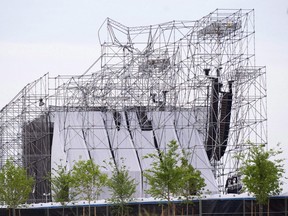 A collapsed stage is shown at a Radiohead concert at Downsview Park in Toronto on June 16, 2012.  THE CANADIAN PRESS/Nathan Denette