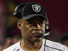 This Aug. 12, 2017, file photo shows Oakland Raiders coach Ken Norton Jr., prior to an NFL preseason football game in Glendale, Ariz. The Oakland Raiders fired defensive coordinator Norton on Tuesday, Nov. 21, 2017, in a staff shake-up during a disappointing season. Coach Jack Del Rio called the move a difficult decision and said that assistant head coach for defense John Pagano will take over as coordinator leading into this week's home game against the Denver Broncos. (AP Photo/Rick Scuteri, File)