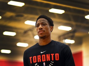 Reigning Eastern Conference player of the week DeMar DeRozan prepares to meet the media after practice on Tuesday at the BioSteel Centre. Dave Abel/Postmedia Network