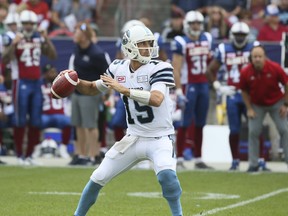 Argonauts quarterback Ricky Ray gets set to throw a pass against the Alouettes during CFL action in Toronto, Ont. on Aug. 19, 2017. (Veronica Henri/Toronto Sun)