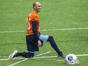 Argonauts quarterback Ricky Ray stretches during practice at Ontario Soccer Centre in Woodbridge, Ont. on Wednesday, Nov. 1, 2017. (Ernest Doroszuk/Toronto Sun)