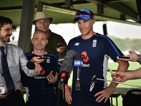 England cricket captain Joe Root speaks to the media after a training session in Townsville, Australia yesterday. He says despite their fearsome attack, England has no fear of the Aussies and invites them to “bring it on.” (Getty Images)