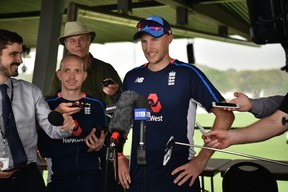 England cricket captain Joe Root speaks to the media after a training session in Townsville, Australia yesterday. He says despite their fearsome attack, England has no fear of the Aussies and invites them to “bring it on.” (Getty Images)