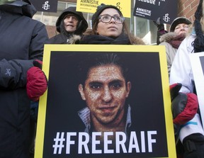 Ensaf Haidar, wife of blogger Raif Badawi, takes part in a rally for his freedom in Montreal on January 13, 2015. THE CANADIAN PRESS/Ryan Remiorz