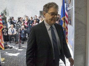 Sen. Al Franken, D-Minn., returns to his office after talking to the media on Capitol Hill in Washington, Monday, Nov. 27, 2017.