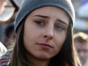 Lindsay Shepherd speaks during a rally in support of freedom of expression at Wilfrid Laurier University in Waterloo on Friday Nov. 24, 2017. (Dave Abel/Postmedia Network)