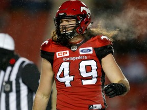 Calgary Stampeders' Alex Singleton against the Winnipeg Blue Bombers on Nov. 3, 2017