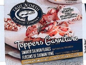 The packaging for Toppers Smoked Salmon Flakes seasoned with lemon and dill from True North Seafood Company is shown in this undated handout photo. (The Canadian Press/Handout - Canadian Food Inspection Agency)
