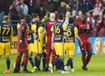 Toronto FC forward Jozy Altidore (17) reacts as he receives a yellow card during first half MLS Eastern Conference semifinal action against the New York Red Bulls, in Toronto on Sunday, November 5, 2017. THE CANADIAN PRESS/Mark Blinch
